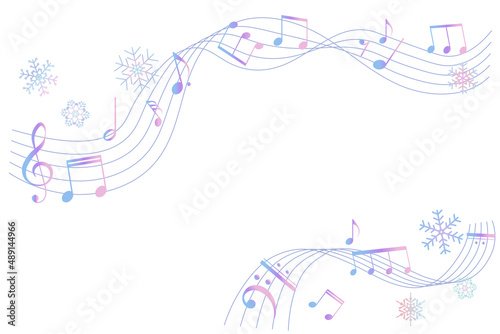 冬から春に移り変わるイメージの楽譜　五線譜のフレーム　背景イラスト