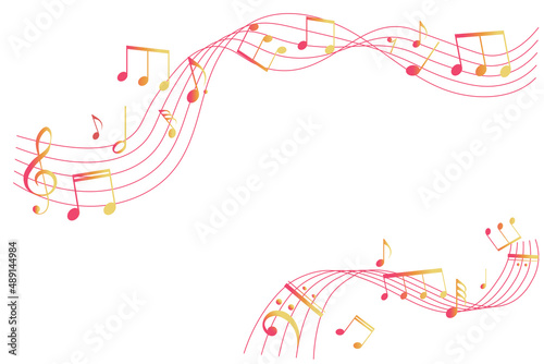 赤と金色の五線譜のフレームイラスト 背景イラスト 音符、休符、音楽記号のイラスト