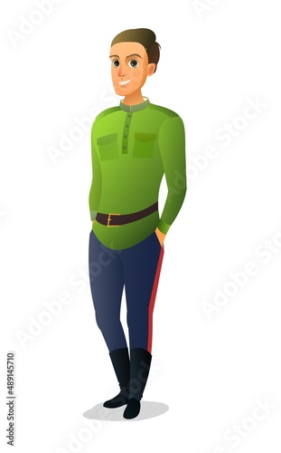 Don Cossack standing. Cheerful young Russian guy. Male figure. Russia historical funny person character boy. Cartoon cute style illustration. Isolated on white background. Vector
