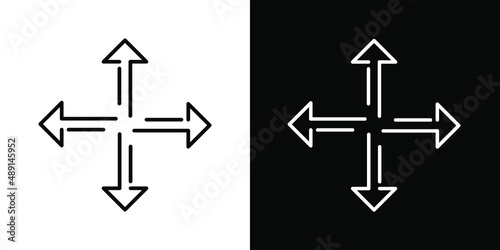 Four arrows point out from the center. Outward directions icon. Symbol arrows vector. Vector ilustration on white and black background