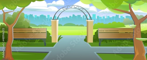 Entrance to Old city park with fence. A beautiful natural place to stay. Large trees and paths with sidewalks. Wooden benches. Vector