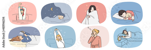 Set of exhausted woman lying relaxing in bed enjoy sleeping in comfortable home bedroom. Tired girl rest see dreams or taking nap. Sleep problem, fatigue and exhaustion. Vector illustration. 