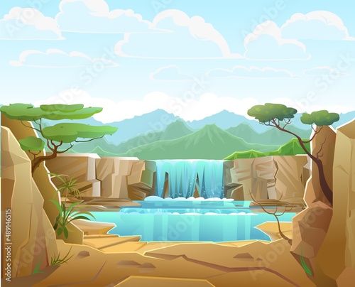 Lake in Africa. An oasis in the desert. Landscape with waterfall among rocks. Cascade shimmers downward. Water flowing. Blue misty mountains in distance. Cool cartoon style. Vector
