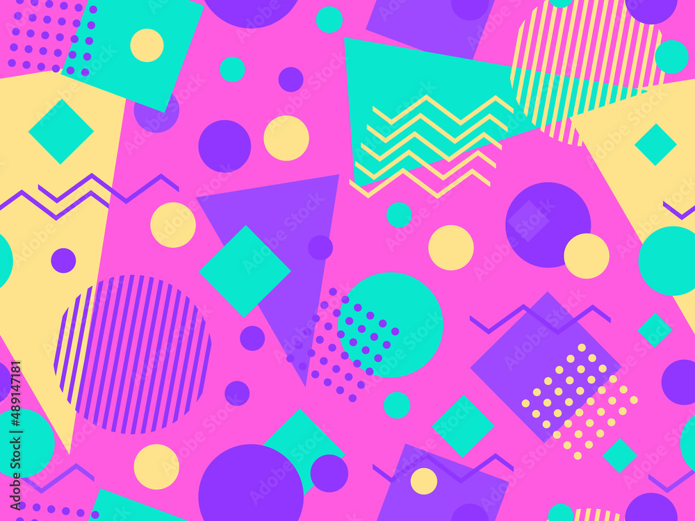 Seamless pattern with geometric shapes in 80s memphis style. Abstract background with chaotic geometry. Design for brochures, banners and promotional materials. Vector illustration Seamless pattern with geometric shapes in 80s memphis style. Abstract background with chaotic geometry. Design for brochures, banners and promotional materials. Vector illustration