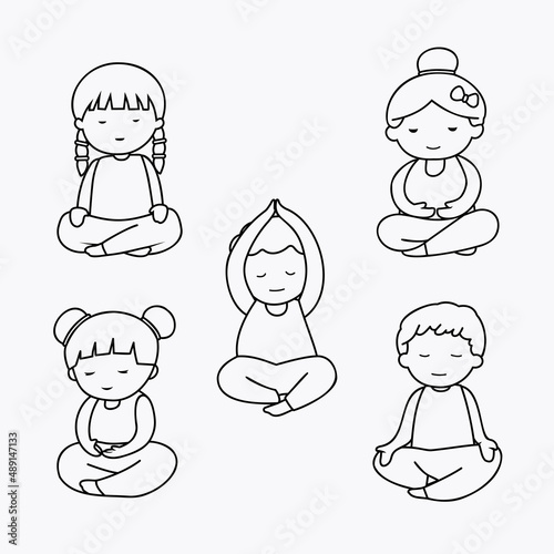 Bundle of meditation yoga. cartoon doodle line art meditating children collection illustration vector
