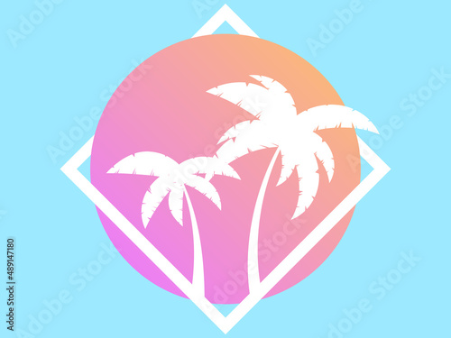 Retro futuristic palm trees in 80s style at sunset. Summer time, palm trees on the background of the sun, synthwave style. Design for advertising brochures and banners. vector illustration