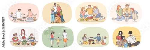 Set of smiling young parents with small children relax together eat tasty food use gadgets. Bundle of happy family with kids have fun rest at home and outdoors. Unity and bonding. Vector illustration.