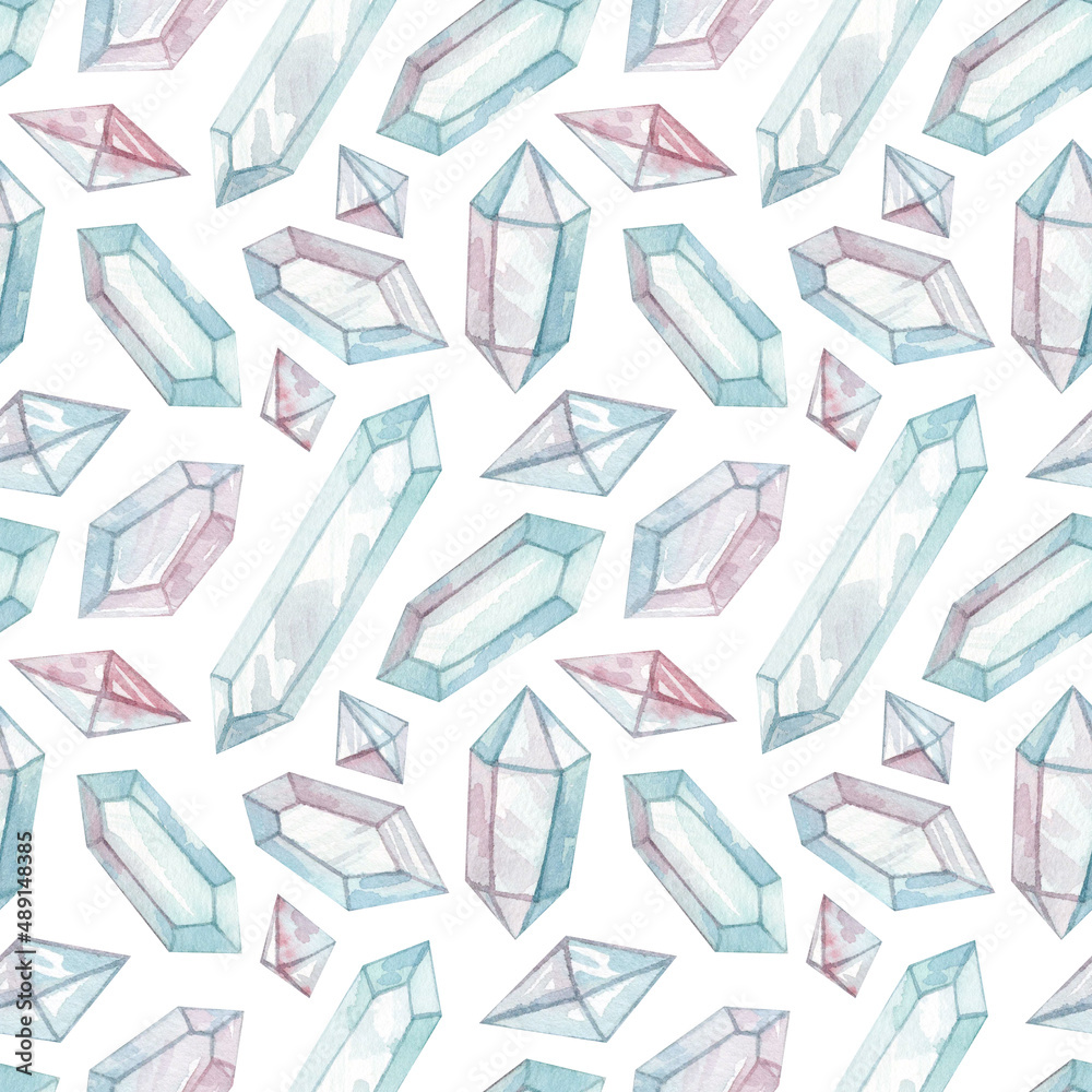 Watercolor seamless pattern with a delicate pink-blue crystals. Isolated on white background. Magic collection.