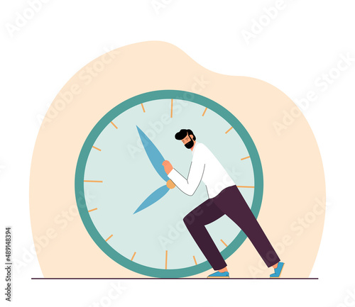 Businessman pushing hands of clock backward. Pressure of deadline and business tasks for late tiny man flat vector illustration. Time management concept for banner, website design or landing web page