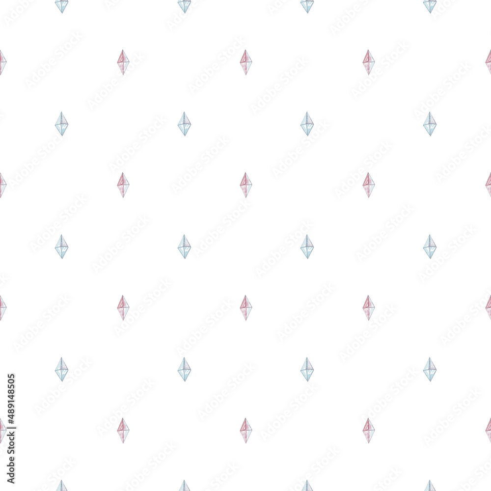 Watercolor seamless pattern with a delicate pink-blue crystals. Isolated on white background. Magic collection. Watercolor seamless pattern with a delicate pink-blue crystals. Isolated on white background. Magic collection.