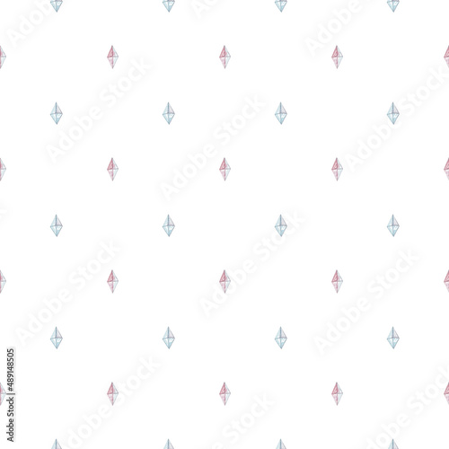 Watercolor seamless pattern with a delicate pink-blue crystals. Isolated on white background. Magic collection.