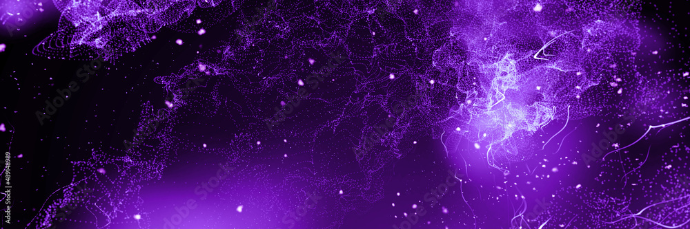 purple flying particles on a black background. purple chaotic particles