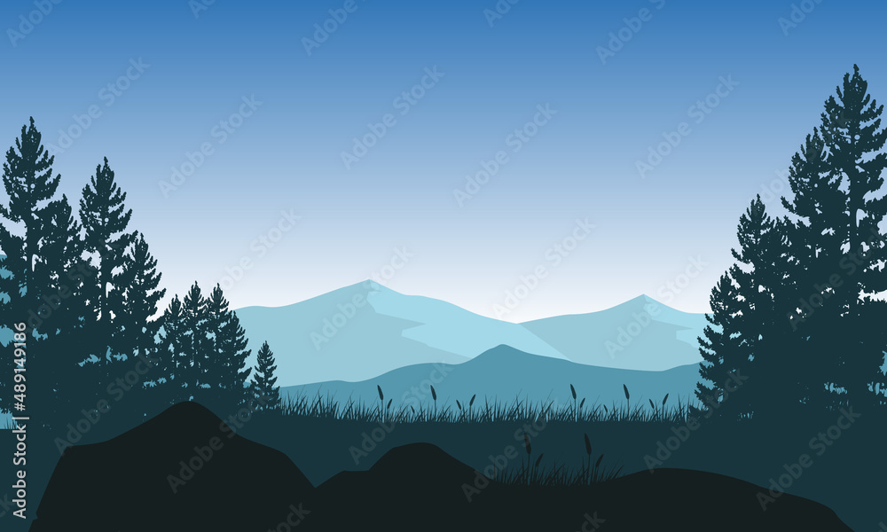 Incredible mountain view in the morning from out of the village with aesthetic silhouettes of pine trees