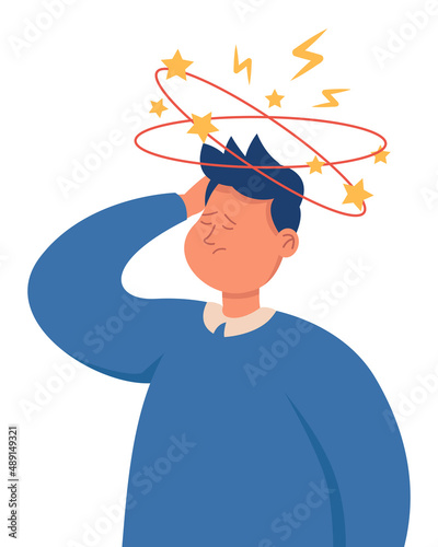 Sad man having dizzy symptoms flat vector illustration. Confused sick person with closed eyes and stars spin under him holding head with hand, suffering from pain. Stress, dizziness concept