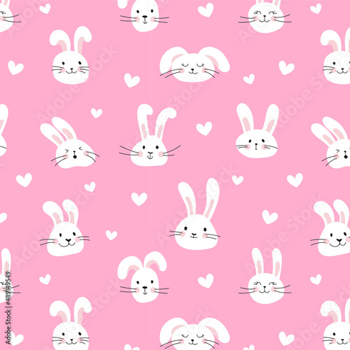 Happy Easter seamless pattern of cute rabbit heads. Funny bunny