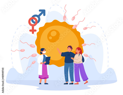 Young couple visiting gynecologist flat vector illustration. Man and woman planning family and pregnancies, taking care of health. Embryo in background. Fertility, parenthood concept
