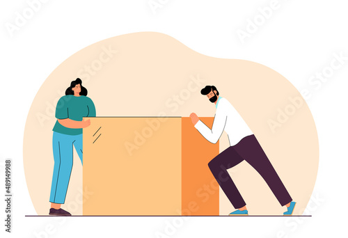 Tiny people pushing big cube together. Hard work of man and woman on business task flat vector illustration. Corporate challenge, progress concept for banner, website design or landing web page