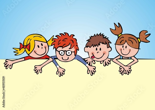 Four smiling children, funny vector illustration, template. Group of girls and boys, creative picture.