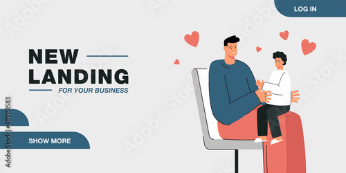 Daddy talking to his son. Man holding boy on knees sitting in chair flat vector illustration. Family, parents love and care of children concept for banner, website design or landing web page