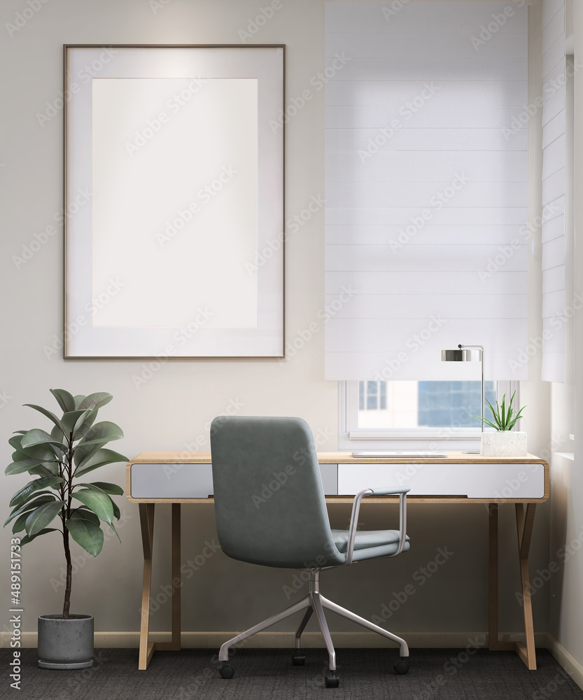 Mockup blank gold stainless steel photo frame on white beige wall in contemporary style room above modern working desk, chair and house plants in morning sunlight. 3D render for poster frame template. Mockup blank gold stainless steel photo frame on white beige wall in contemporary style room above modern working desk, chair and house plants in morning sunlight. 3D render for poster frame template.