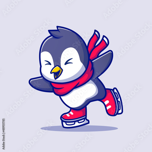 Cute Penguin Ice skating With Scarf Cartoon Vector Icon Illustration. Animal Sport Icon Concept Isolated Premium Vector. Flat Cartoon Style