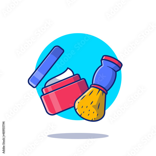 Shaving Cream And Brush Cartoon Vector Icon Illustration. Barber Shop Tools Icon Concept Isolated Premium Vector. Flat Cartoon Style