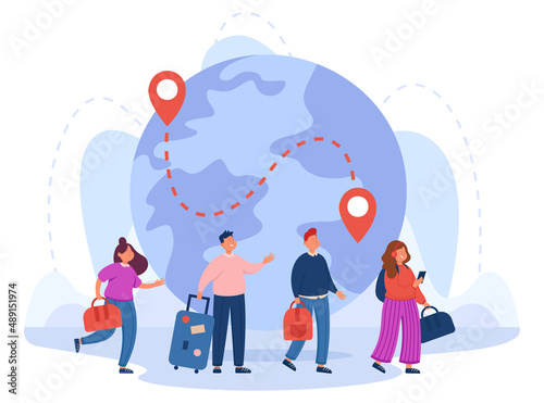 Immigrants standing in queue to check in for flight. Male and female tourists in background of globe with points of departure and arrival flat vector illustration. Immigration, travel concept