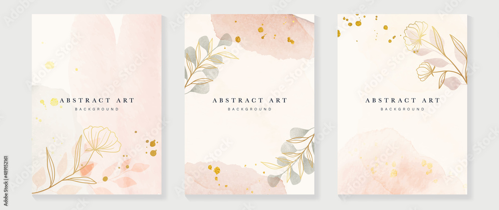 Elegant botanical background template. Luxury watercolor wallpaper with leaves, branches, eucalyptus leaf and flower. Gold line art pattern for prints, wall art, banner, wedding and invitation.