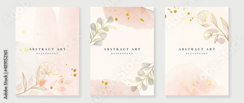 Elegant botanical background template. Luxury watercolor wallpaper with leaves, branches, eucalyptus leaf and flower. Gold line art pattern for prints, wall art, banner, wedding and invitation.