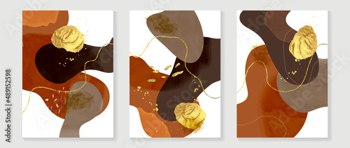 Luxury golden abstract wall art template. White background with different organic shapes, gold shapes and wave line art. Colorful banner design for home decor, interior, wallpaper, print and covers.