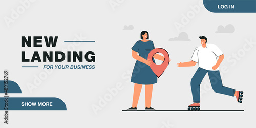 Cartoon man roller skating towards woman with location pin. Couple meeting at destination flat vector illustration. Transportation, communication concept for banner, website design or landing web page