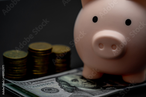 Pink piggy bank and a stack of dollars and coins on a black background close-up. Saving and accumulating money, financial security, budget planning and investment.