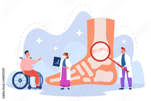 Tiny doctor examining broken foot flat vector illustration. Podiatrist with X-ray scan of bone making diagnosis to patient with toe feet trauma. Podiatry, reflexology, disease, treatment concept