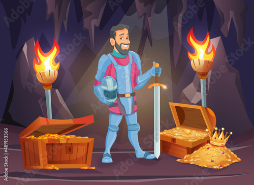 Heroic adventure scene with knight with sword finding enchanted treasures in magic cave.
