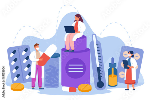 Tiny pharmacist with pills and vitamins flat vector illustration. Doctors writing prescriptions for antibiotics, working together, helping patients to cure. Pharmacy business, drugstore concept