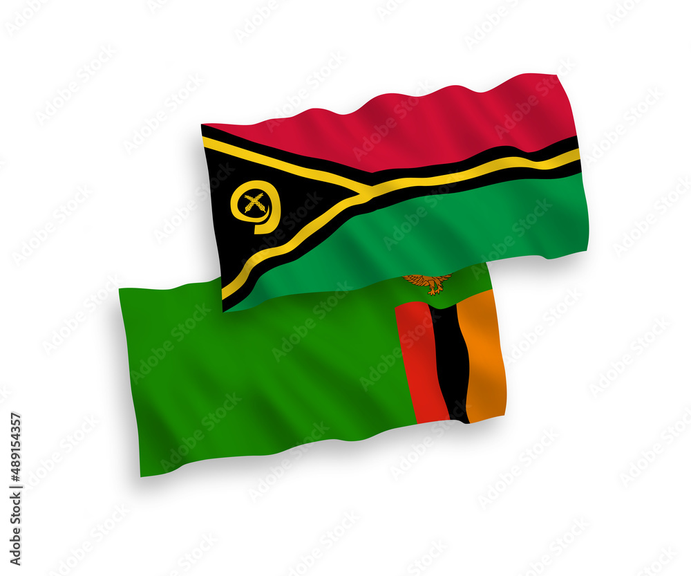 National vector fabric wave flags of Republic of Zambia and Republic of Vanuatu isolated on white background. 1 to 2 proportion. National vector fabric wave flags of Republic of Zambia and Republic of Vanuatu isolated on white background. 1 to 2 proportion.