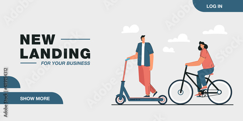 Cute cartoon couple riding ecological personal transport. Man on electric scooter, woman on bicycle outside flat vector illustration. Transportation concept for banner, website design or landing page