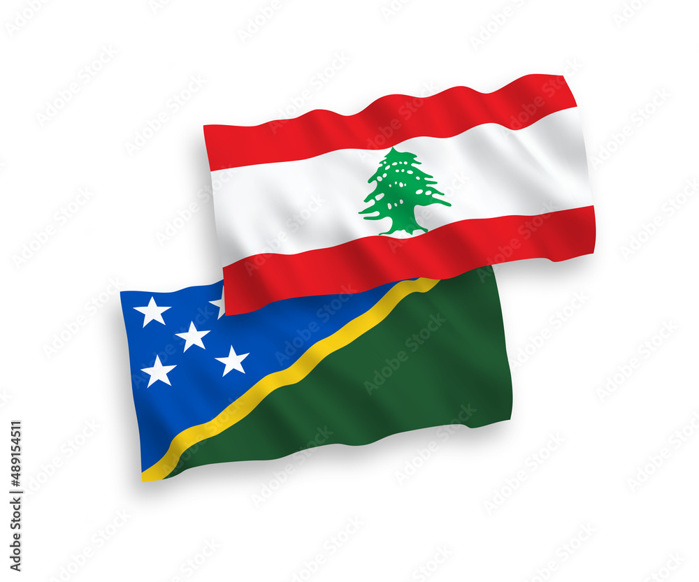National vector fabric wave flags of Solomon Islands and Lebanon isolated on white background. 1 to 2 proportion. National vector fabric wave flags of Solomon Islands and Lebanon isolated on white background. 1 to 2 proportion.