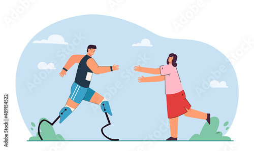 Happy woman running to hug jogger with prosthesis. Man with amputated legs training flat vector illustration. Disability, respect and support concept for banner, website design or landing web page
