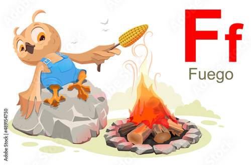 ABC spanish alphabet letter f fuego. Owl making popcorn corn on fire