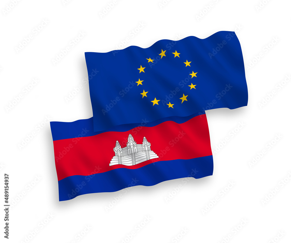 National vector fabric wave flags of European Union and Kingdom of Cambodia isolated on white background. 1 to 2 proportion. National vector fabric wave flags of European Union and Kingdom of Cambodia isolated on white background. 1 to 2 proportion.