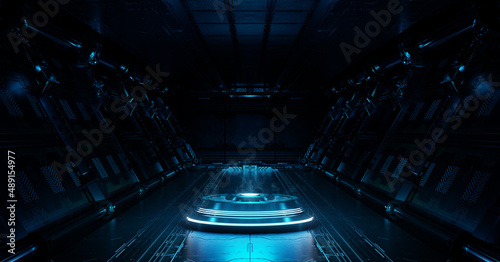 Fototapeta Naklejka Na Ścianę i Meble -  Blue spaceship interior with projector. Futuristic corridor in space station with glowing neon lights background. 3d rendering