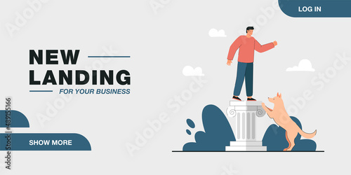Cartoon man standing on column while playing with dog outside. Owner training puppy flat vector illustration. Pets, outdoor activity, domestic animals concept for banner or landing web page