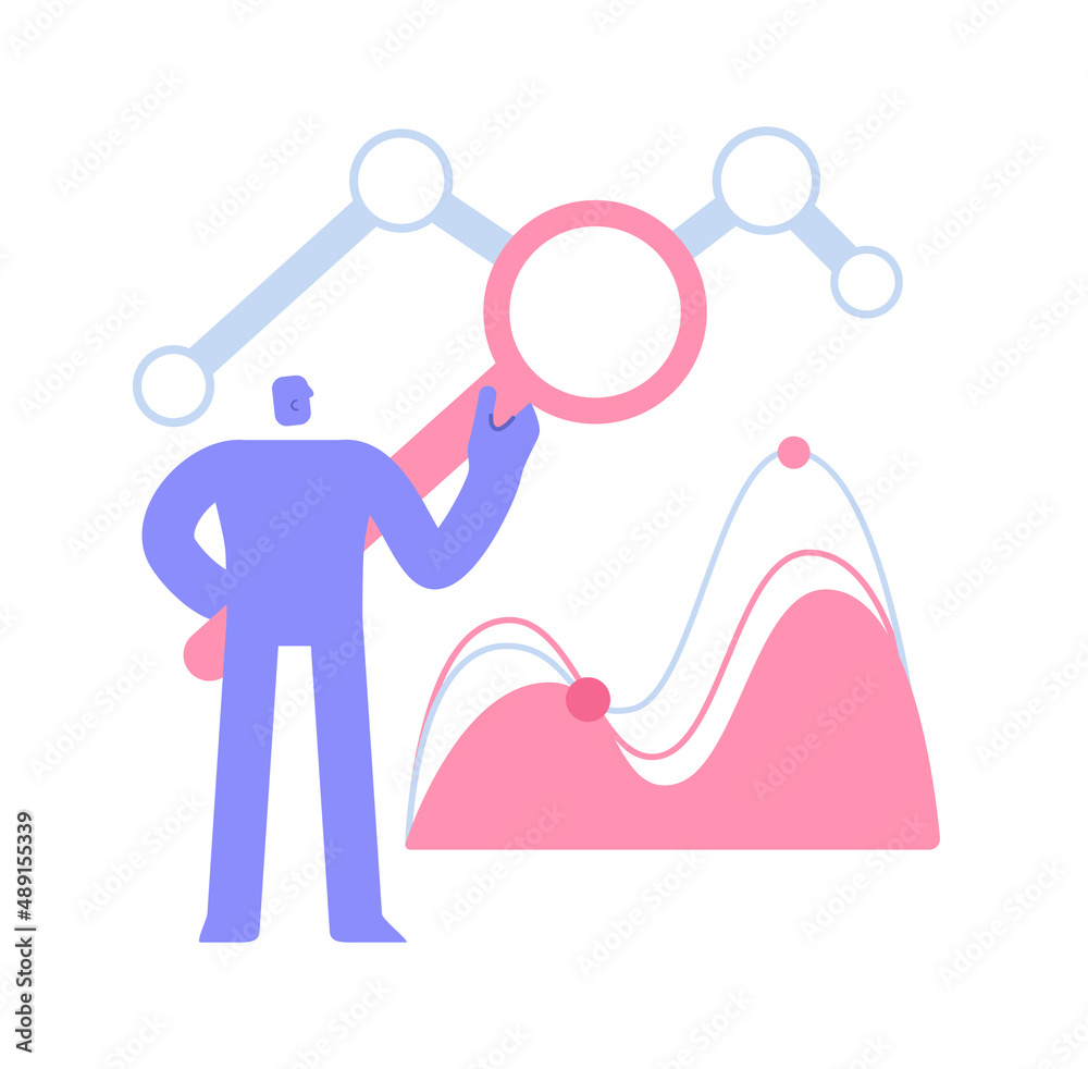 Flat modern character with a magnifying glass analyzes data in detail, investment in business. Global Business. Business Concept illustration with man taking part in business activities Flat modern character with a magnifying glass analyzes data in detail, investment in business. Global Business. Business Concept illustration with man taking part in business activities