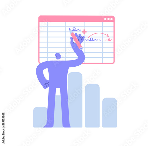 Flat modern character works in spreadsheets for easy calculation of accounting balance. accounting software. analysis, plan, strategy. Business illustration with man taking part in business activities