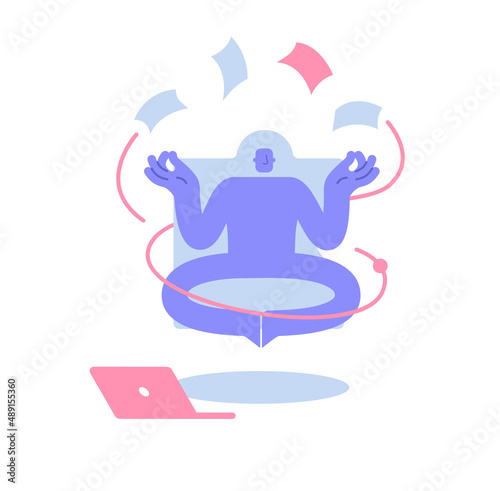 Flat modern character levitates in a lotus position with flying papers around him. Effective business management, multitasking and meditation. Business illustration, business activities