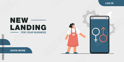 Girl standing next to huge phone with male and female symbols. Kid learning about sex flat vector illustration. Sex or online education concept for banner, website design or landing web page