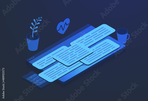 Information Overload isometric concept. Multitasking, Infoxication and overwhelmed with work messages. Missing deadlines and professional burnout. Gadgets with a lot of important messages illustration