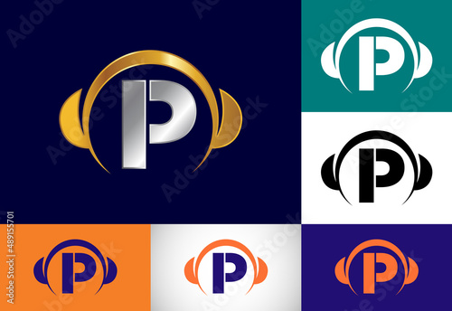 Initial P monogram alphabet with a headphone. Headphone Logo. Music sign symbol. Font emblem.