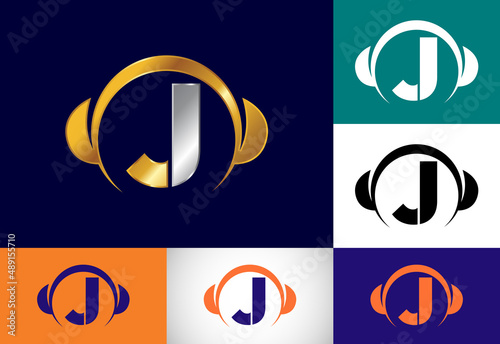 Initial J monogram alphabet with a headphone. Headphone Logo. Music sign symbol. Font emblem.